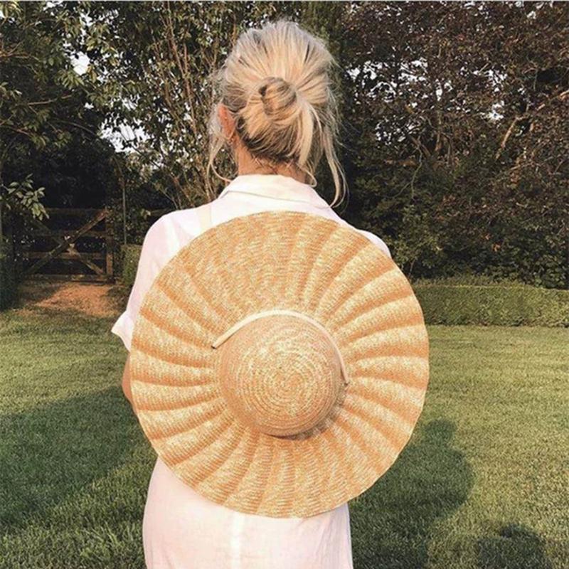 New Large Brim Ribbon Straw Hat Summer Hats For Women Ribbon Beach Cap Beach hat Dome Top Sun Hat Holiday Elegant cap