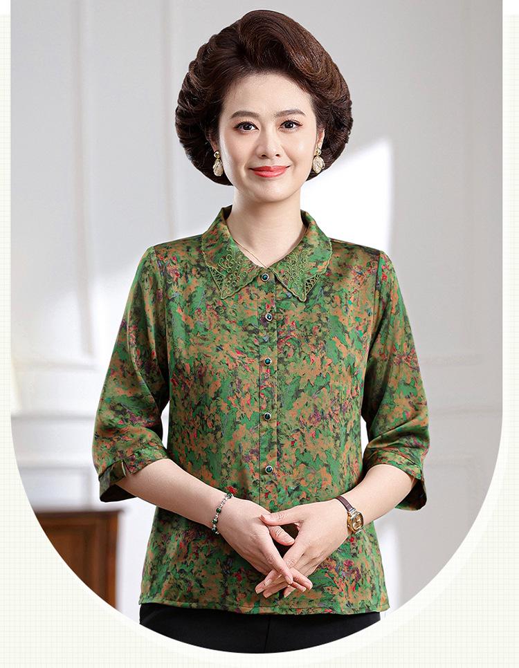 Elegant Floral Print Top with 3/4 Sleeves for Middle-Aged and Elderly Women