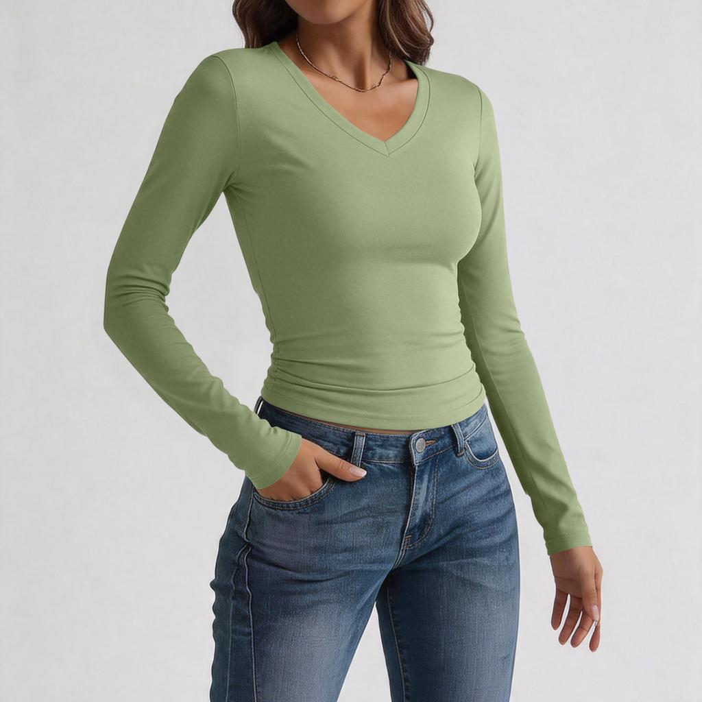 Women's Slim Fit V Neck Long Sleeve T Shirt Stretchy Milk Silk Fabric Soft Texture Basic Layering Top
