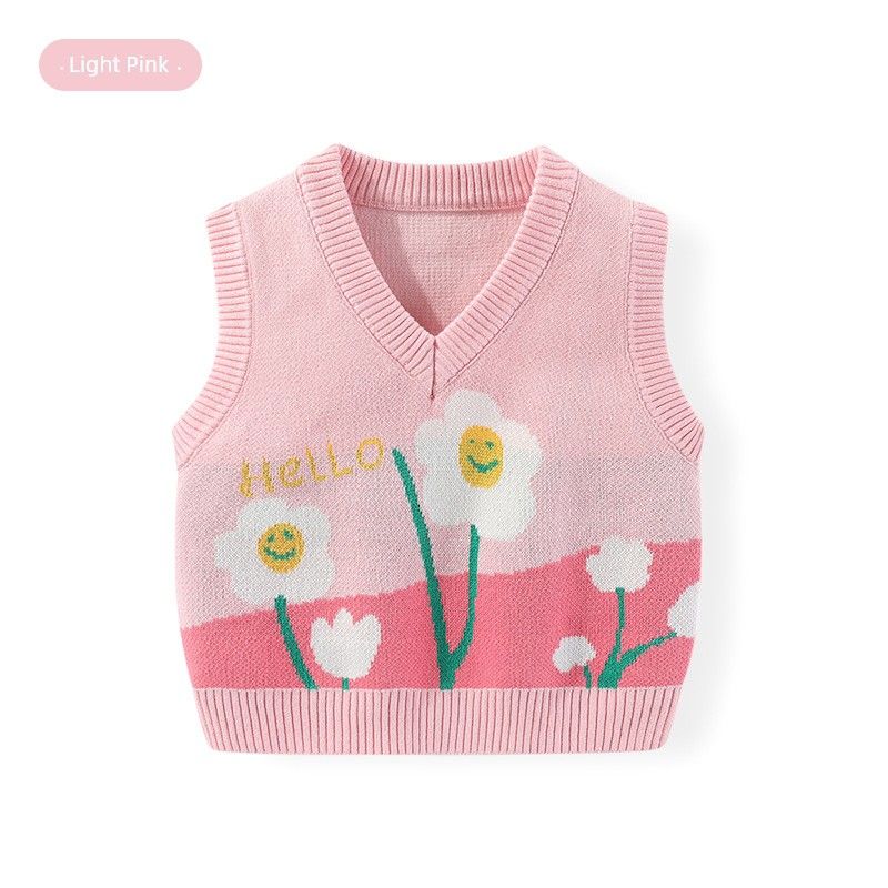 Children's Clothing Spring and Autumn Kids Flower Jacquard Vest Girl's Waistcoat V-neck Sweater Female Baby Girl Pullover Sweater