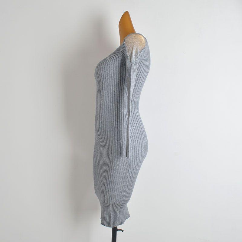 Fall and Winter New Arrival Pure Color Round Neck Mesh Stitching Long Sleeves Knitting Dress Women's Clothing Silm Slim Looking Bodycon Dress