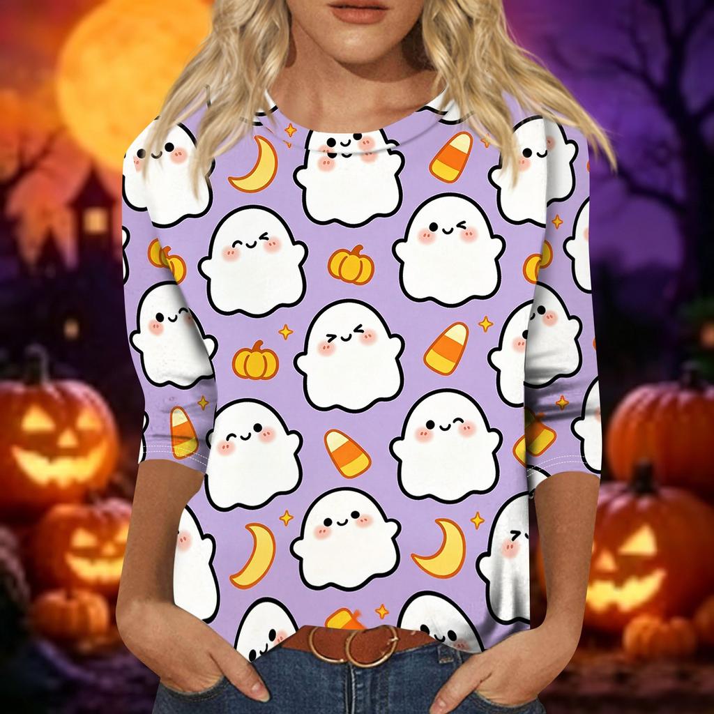 Women's Casual Halloween Print 3/4 Sleeve Round Neck Top Lightweight Soft Fabric Pullover Shirt for Everyday Wear