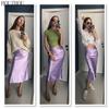 HOUZHOU Satin Silk Skirt Women Solid Purple High Waisted Summer Midi Skirt Elegant Chic Office Ladies Wear Trend