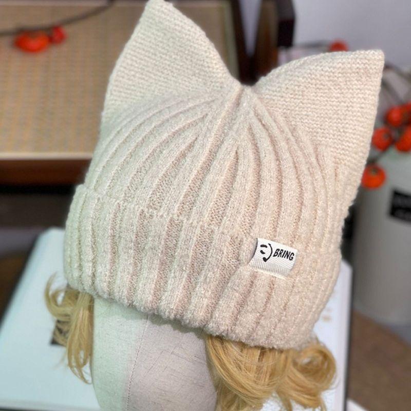 Women's Winter Cute Cat Ears Hat Pullover Knitted Hats Warm Ear Protection Balaclava Cap Kpop Style Street Simple Hats For Girl