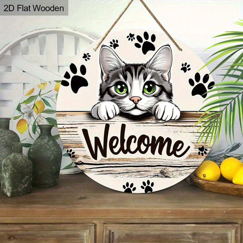 Garden Decoration, Wooden Hanging Decorative Signs, "WELCOME" Logo, Cute Kitten Pattern, 2D Graphic Products, Housewarming Gifts for Friends