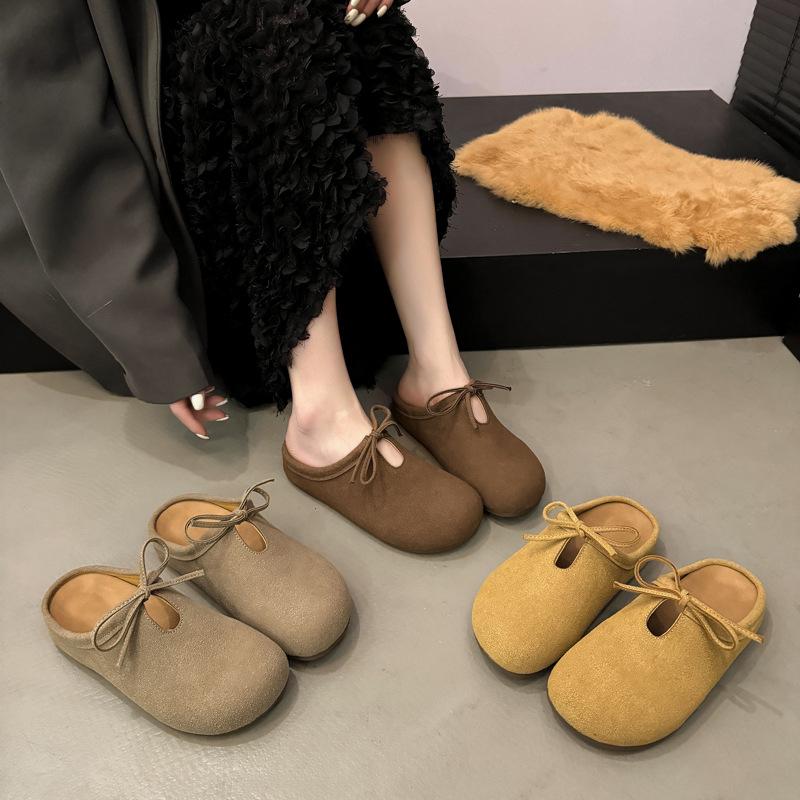 Japanese Small Fresh Mori Suede Slippers Women's 2025 Autumn New Outer Wear Lace-up Lazy Muller Thick-bottomed Bag Head Drag