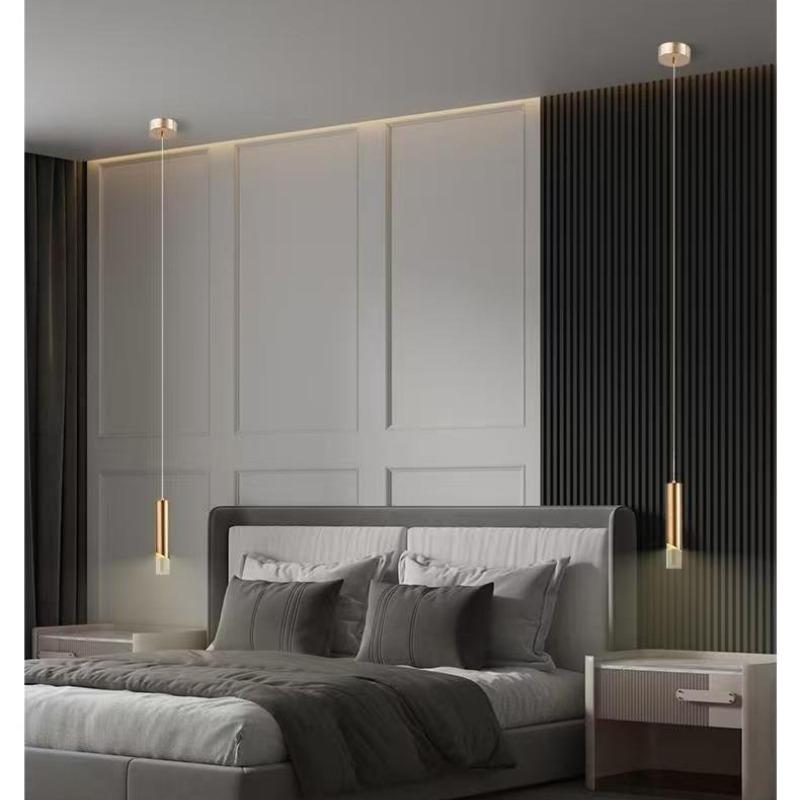 Bedroom Bedside Pendant Light, Modern Minimalist Cylindrical Minimalist Electroplated Long Line Pendant Light