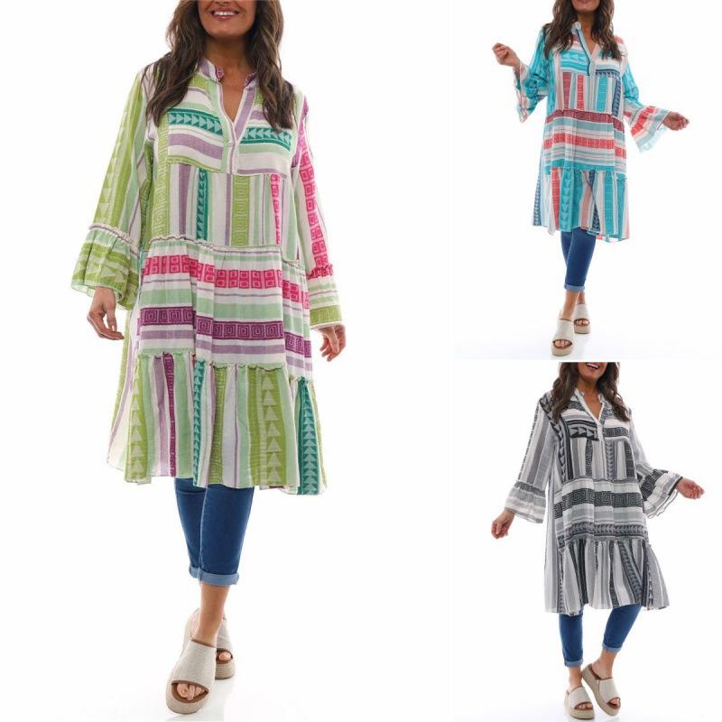 

2025 New Printed Casual Stand Up Collar Button Long Dress S синий