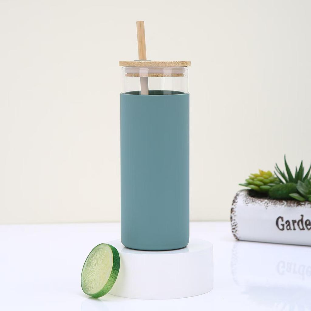 Portable High Borosilicate Glass Straw Cup with Bamboo Lid - Stylish & Durable.
