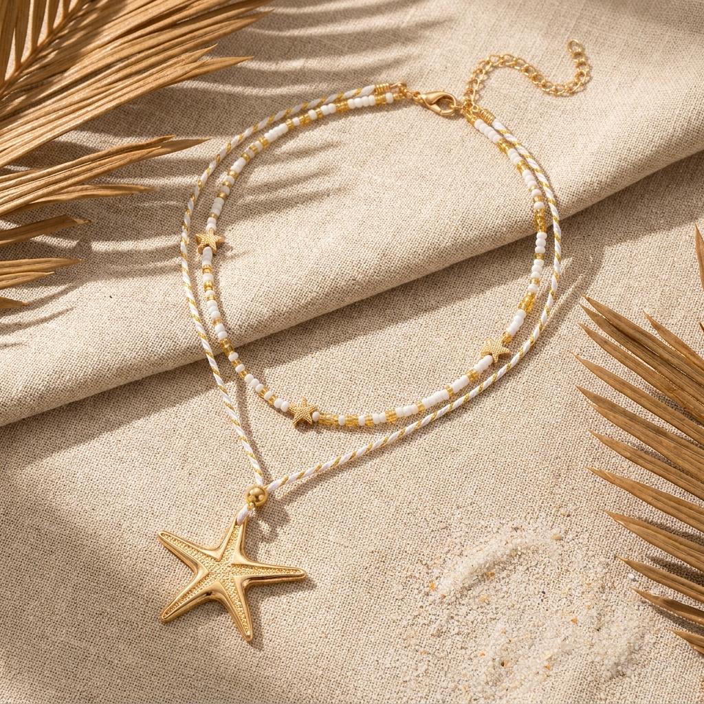 Bohemia Metal Starfish Pendant Collarbone Necklace For Women Colorful Rice Beads Rope Chain Choker Beach Party Jewelry Gifts