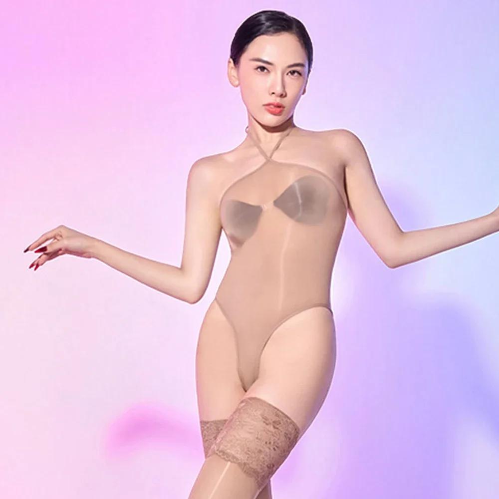 Women Halter Thong Cut Bodysuit Tops Oil Shiny Glossy Sheer See Through Backless Tights Woman Clothing Maid Leotard 5D Bodysuit