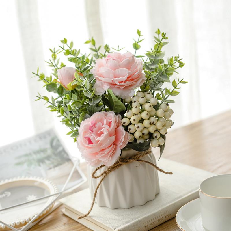 Artificial Flowers with Small Ceramic Vase Faux Roses Plants Eucalyptus Leaves Berries Flower Arrangements Decorations for Home