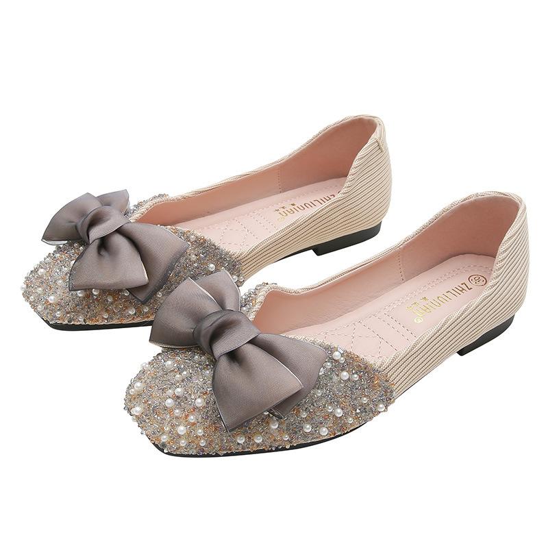 New Pearl Rhinestone Square Head Single Shoes Soft Sole Casual Flat Bottom Large Size