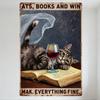 Vintage Cats Books & Win Metal Sign, Gray Tabby Cat On Aged Book with Wine Glass Tin Poster, Distressed Rusty Metal Wall Decor F