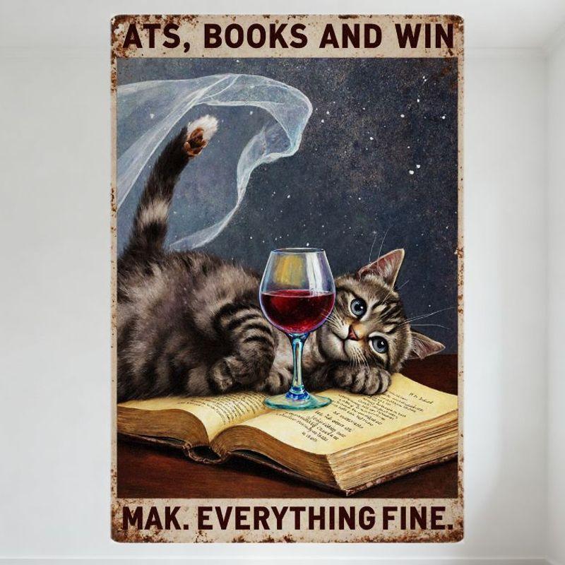 Vintage Cats Books & Win Metal Sign, Gray Tabby Cat on Aged Book with Wine Glass Tin Poster, Distressed Rusty Metal Wall Decor f