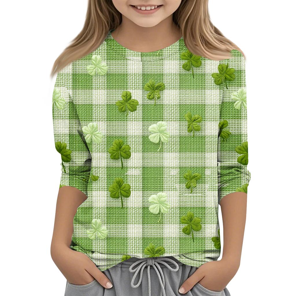 St. Patrick's Day Print Tops Für Jugendliche Mädchen 4-11 Jahre Rundhals 3/4 Ärmel T-Shirts Trendige Tops Outfit T-Shirts