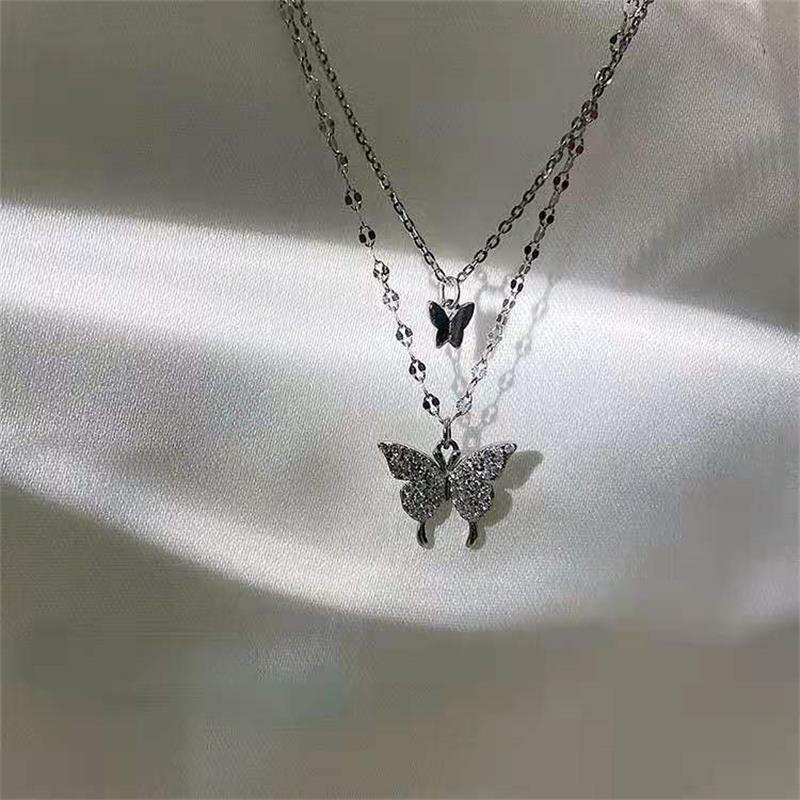 "Korean Double-Layer Zircon Butterfly Necklace: Elegant Flash Diamond Clavicle Chain for Women"