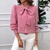 Fashionable Autumn and Winter Bow Puff Sleeve Tops for Women's Temperament Casual Contrasting Cardigan Long-sleeved Shirt