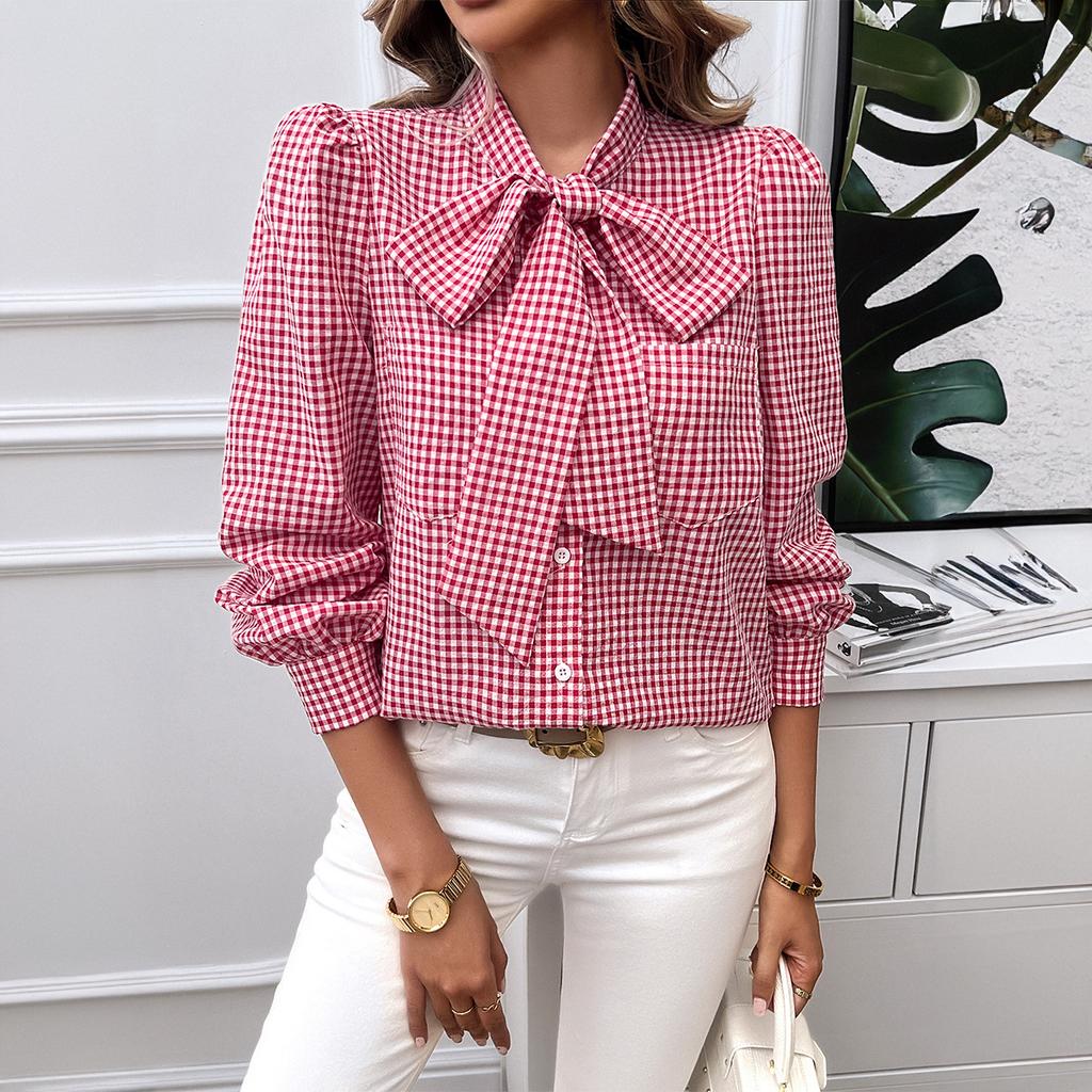 Fashionable Autumn and Winter Bow Puff Sleeve Tops for Women's Temperament Casual Contrasting Cardigan Long-sleeved Shirt
