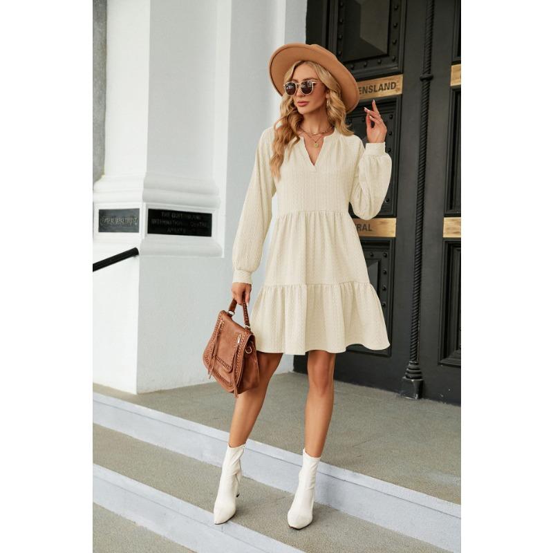 Frühlings- und Herbst-Damenkleid, einfarbig, V-Ausschnitt, lockere Plissee, Spleißen, Langarm-Kleider