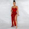 European & American Spaghetti Strap Sequin Mesh See-Through Irregular Slit Dress for Women