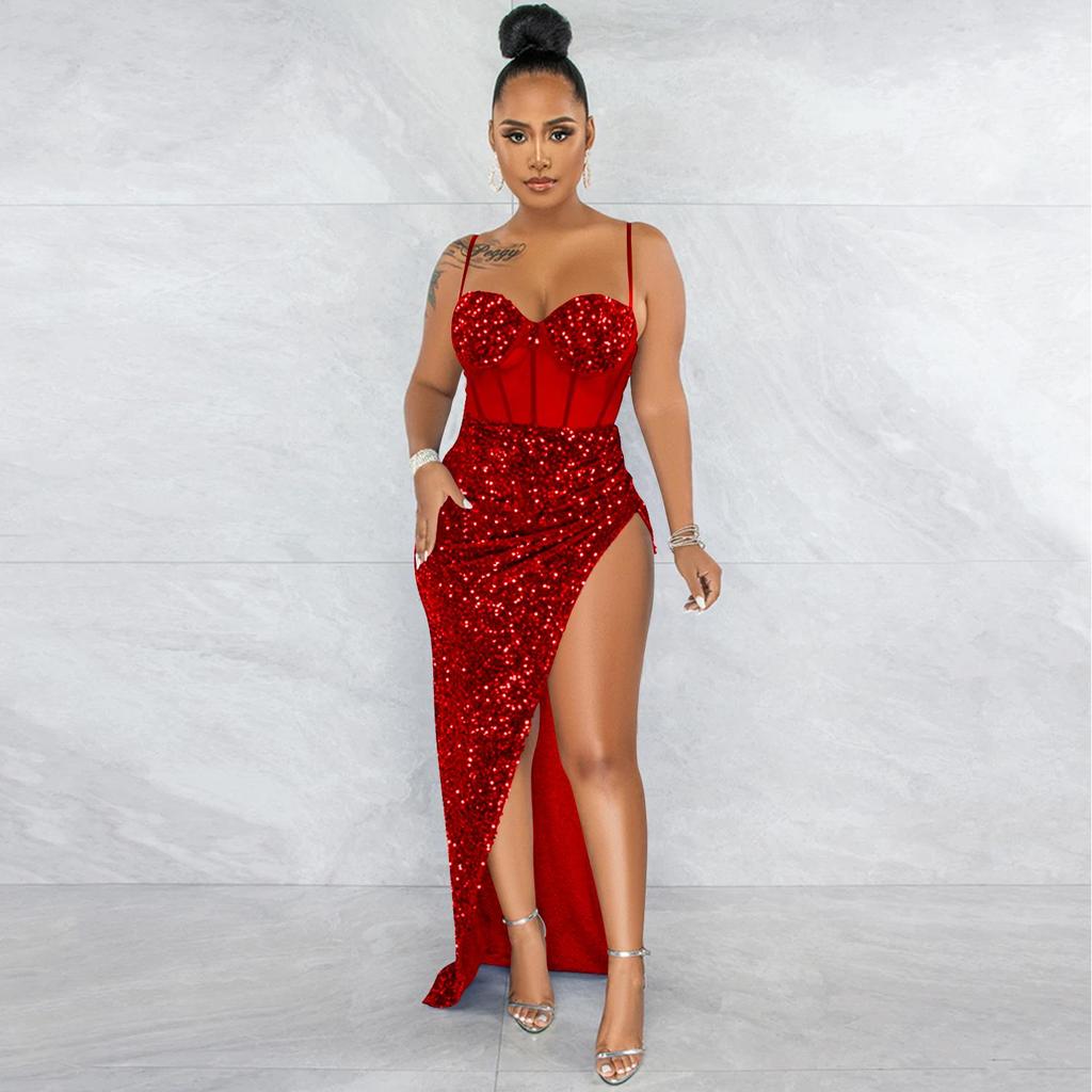 European & American Spaghetti Strap Sequin Mesh See-Through Irregular Slit Dress for Women