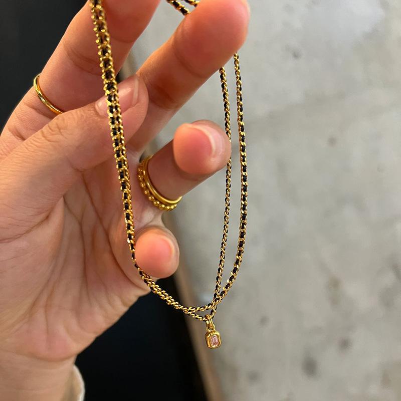 Classic minimalist design Black woven rope chain necklace light luxury exquisite square pendant party wedding fine
