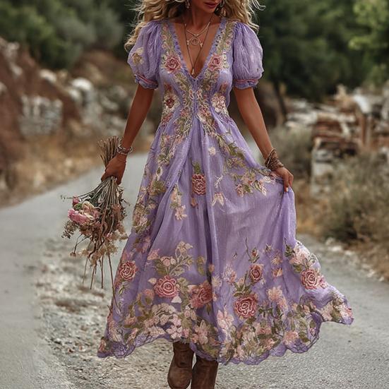 Women's Boho V-Neck Maxi Dress, Floral Print Short Sleeve Casual A-line Dress, Vintage Western Travel Vacation Outfits