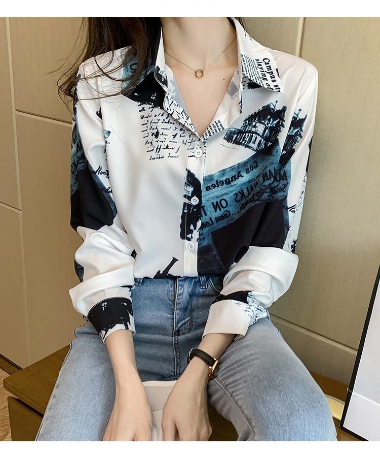 Fairy Stone Long Sleeve Chiffon Blouse with Letter Size Women's Print, V-Neck, Casual/Formal, B-24 (White, M)