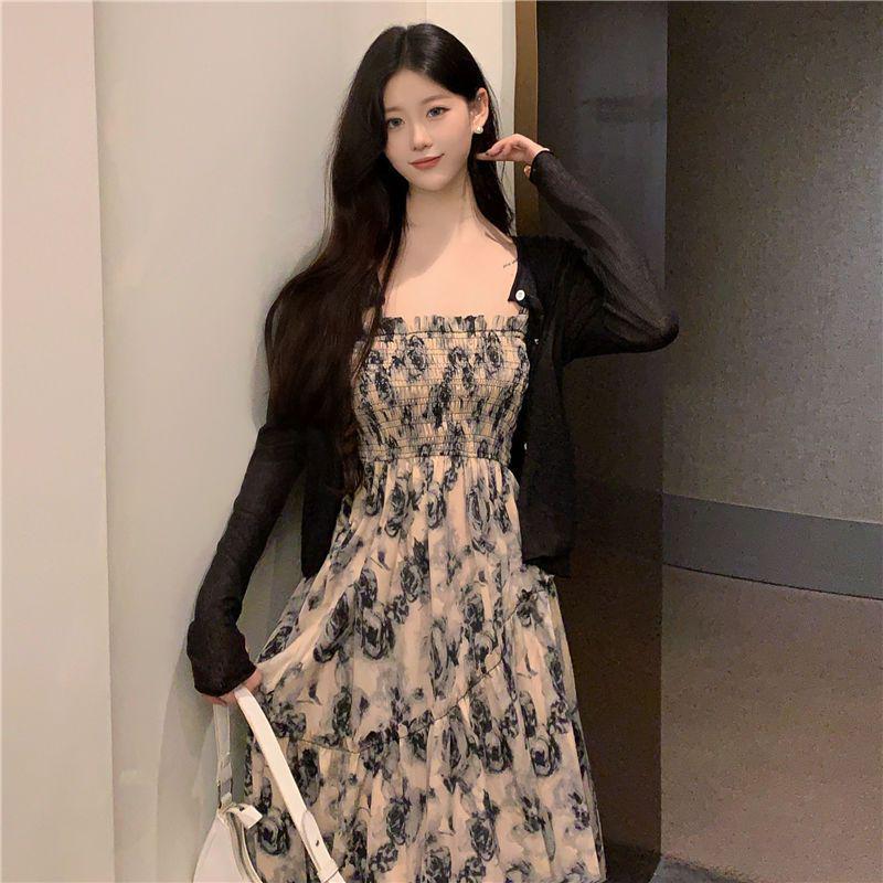 Plus Size French Floral Camisole Dress with Cardigan, Slimming Summer Long Dress for 2026