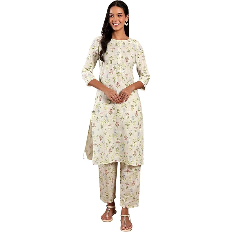 W White Floral Printed Lace Cotton Kurta and Pant Set for Women