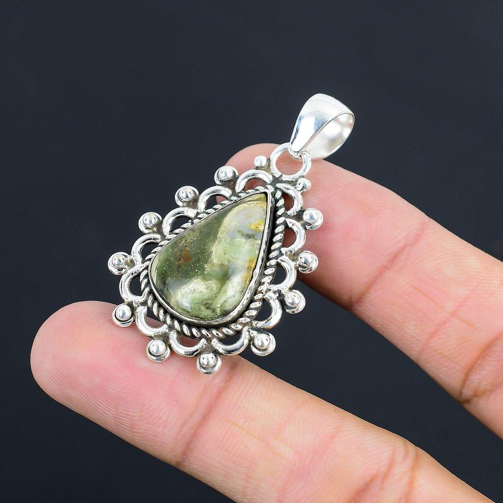Daughters Day Sale Pear Rainforest Jasper Stone 925 Silver Artisan Boho Pendant
