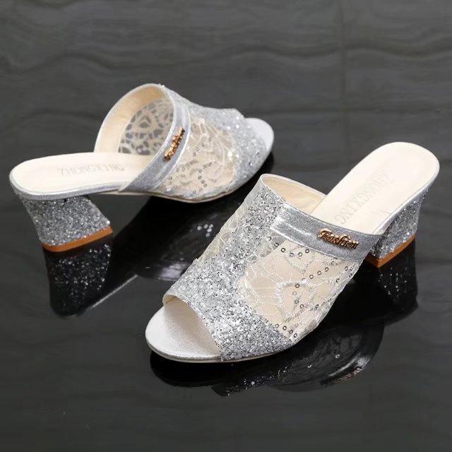 Foreign trade mesh rotund sandals women's 2020 summer new fish mouth middle heel sequins casual large size high heel sandals
