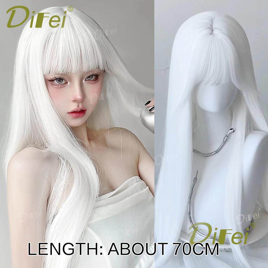 Platinum Blonde Straight Synthetic Cosplay Wig Straight Hair Wig With Straight Bangs Suitable For Women Halloween Christmas Wear