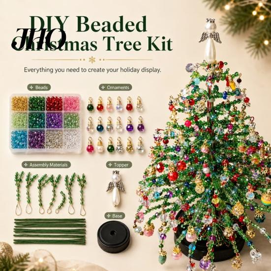Holiday Decoration Crafting Tools DIY Beaded Christmas Tree Kit, Handmade with LED Lights, Party Props Craft Project, Bead Kit for Adults, Home