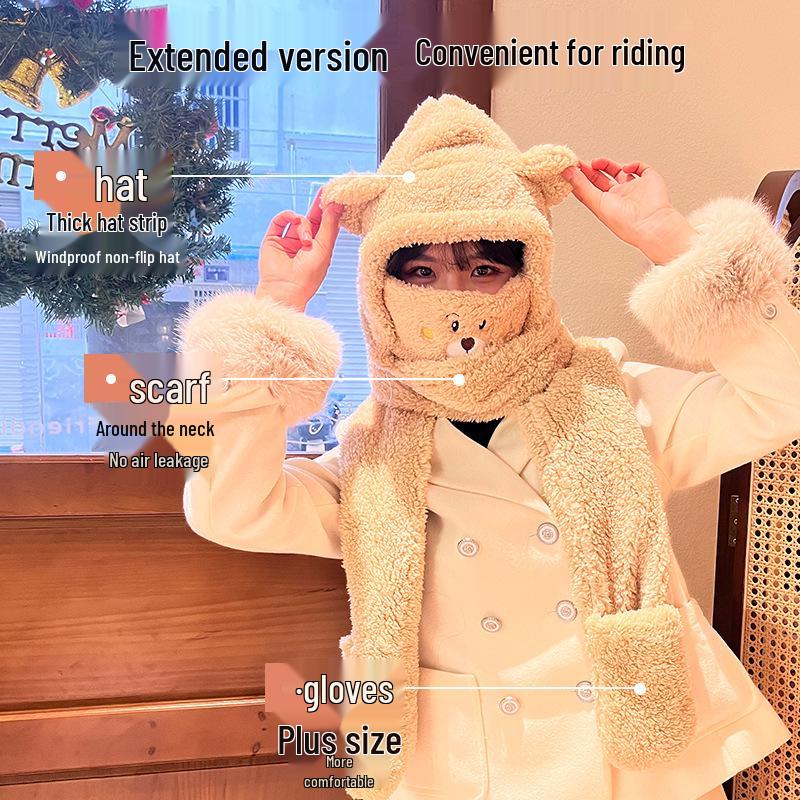 Women's 2024 Winter Little Bear Plush Hooded Scarf Set - Warm Three-Piece Neck Warmer