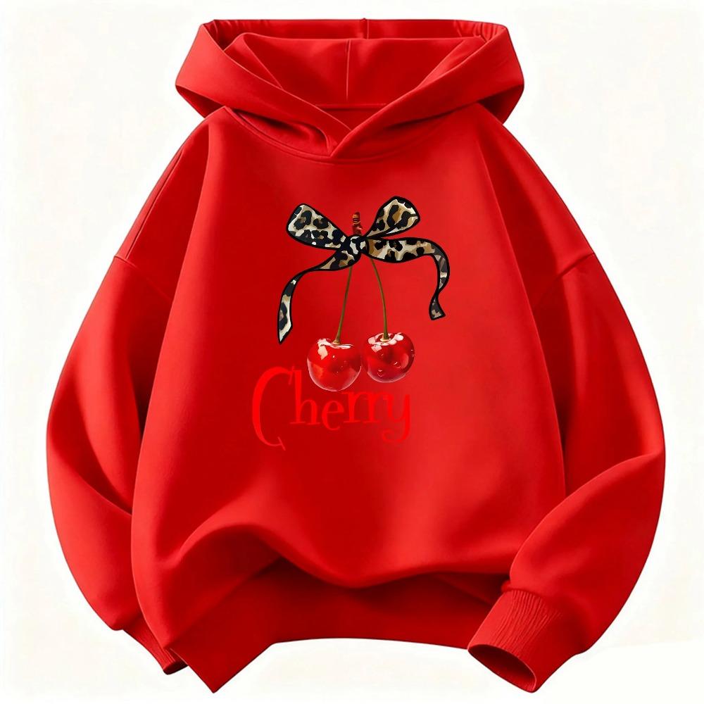 Children's Bowknot Cherry Print Casual and Comfortable Hooded Sweater Sweet and Childlike Long-sleeved Pullover