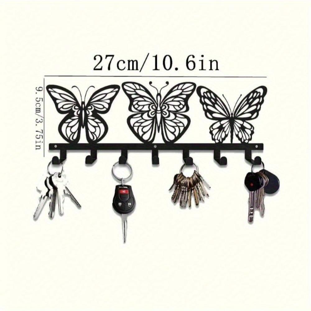 Modern Butterfly Wall Mount Key Holder 7 Hooks Space Saving Black Metal Key Organizer