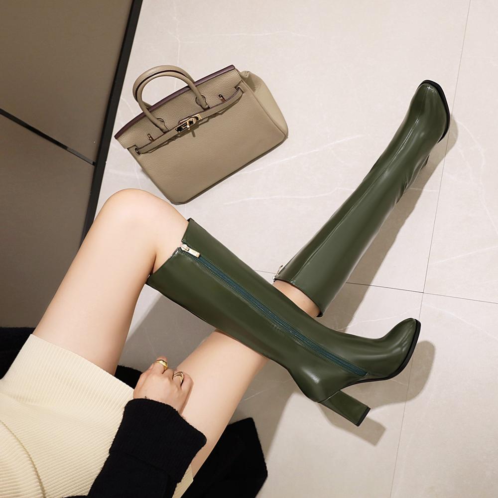 Zipper Knee High Boots Women Elegant Casual Heels Women's High Boot Green White Black Long Shoes Lady Big Size 45 Waterproof