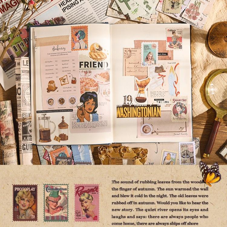 1pack/48pcs Stamps Stickers Retro Literary Decoration Material Diy Handbook Card Collage Landscaping Stickers Self-adhesive Sealing Stickers