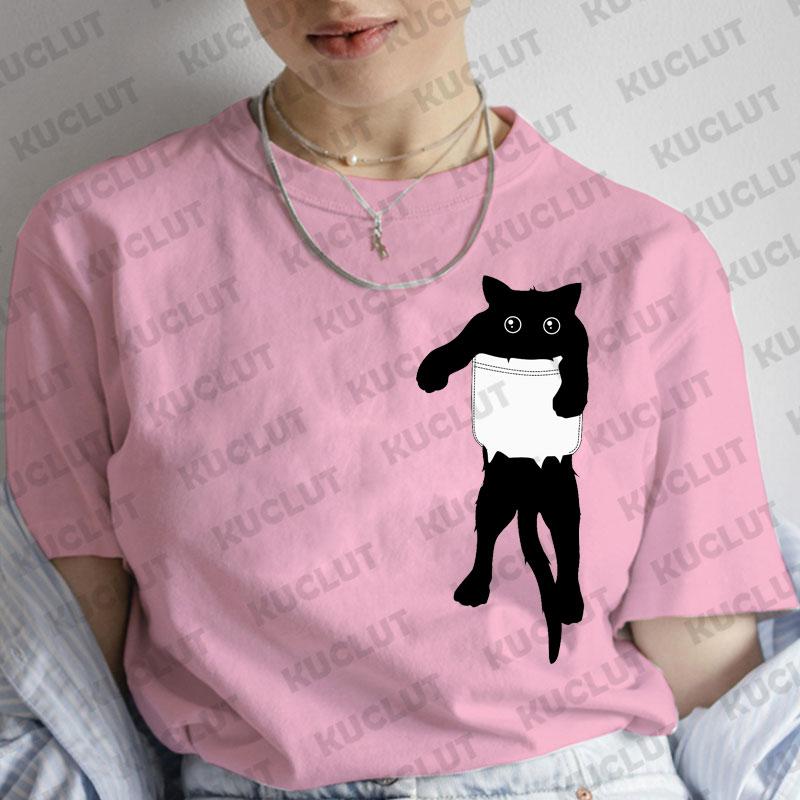 T-Shirt für Damen Schwarze Katzen Print Mode T-Shirt Lässig Rundhals Kurzarm Streetwear Damen T-Shirt Vintage Tee Oberteile