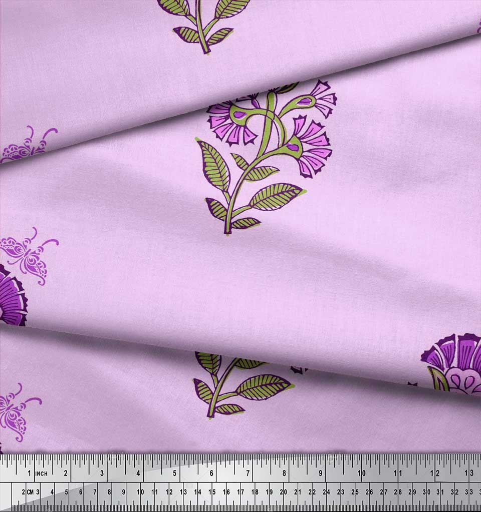 Soimoi Blue Japan Crepe Satin Fabric Insect|Leaves & Floral Block Print Fabric by Yard 42 Inch