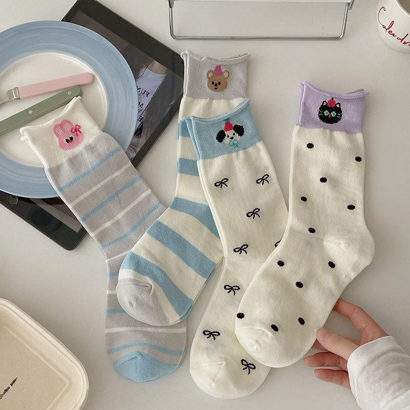 Female Spring and Autumn Assorted Striped Dot Bowknot Cartoon Cute Animal Curled Edge In The Tube Pile Socks