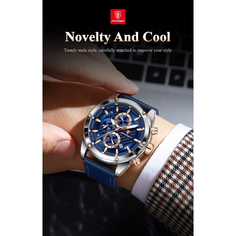 POEDAGAR Business Man Watch Waterproof Luminous Chronograph Date Original Watches for Men Leather Luxury Quartz Wristwatch