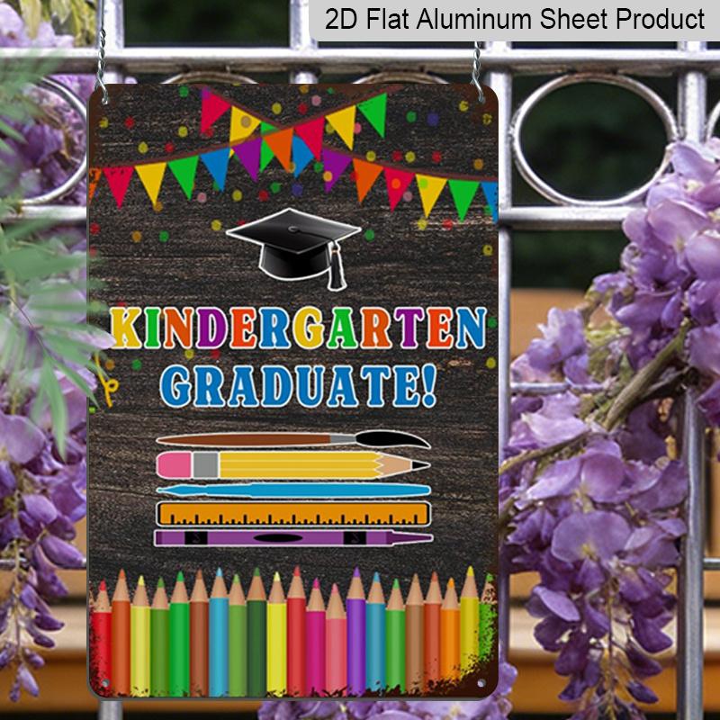 2D Flat Vintage Aluminium Metal Sign - Wall Decoration for Kindergarten Graduate with Colorful Pencils, Cap, and Books - Rustic Art Deco Design for