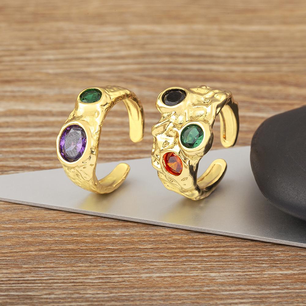 Nidin Vintage Irregular Hammered Open Ring Multi Color Oval & Round Crystal Zircon Adjustable Finger Jewelry Gift for Women Men