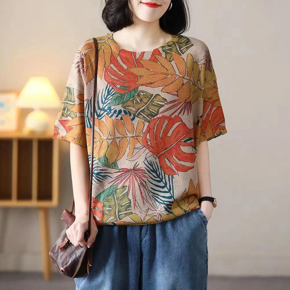 Women's Summer Thin Printed Short Sleeve T-Shirt Literary Round Neck Loose Pullover Top