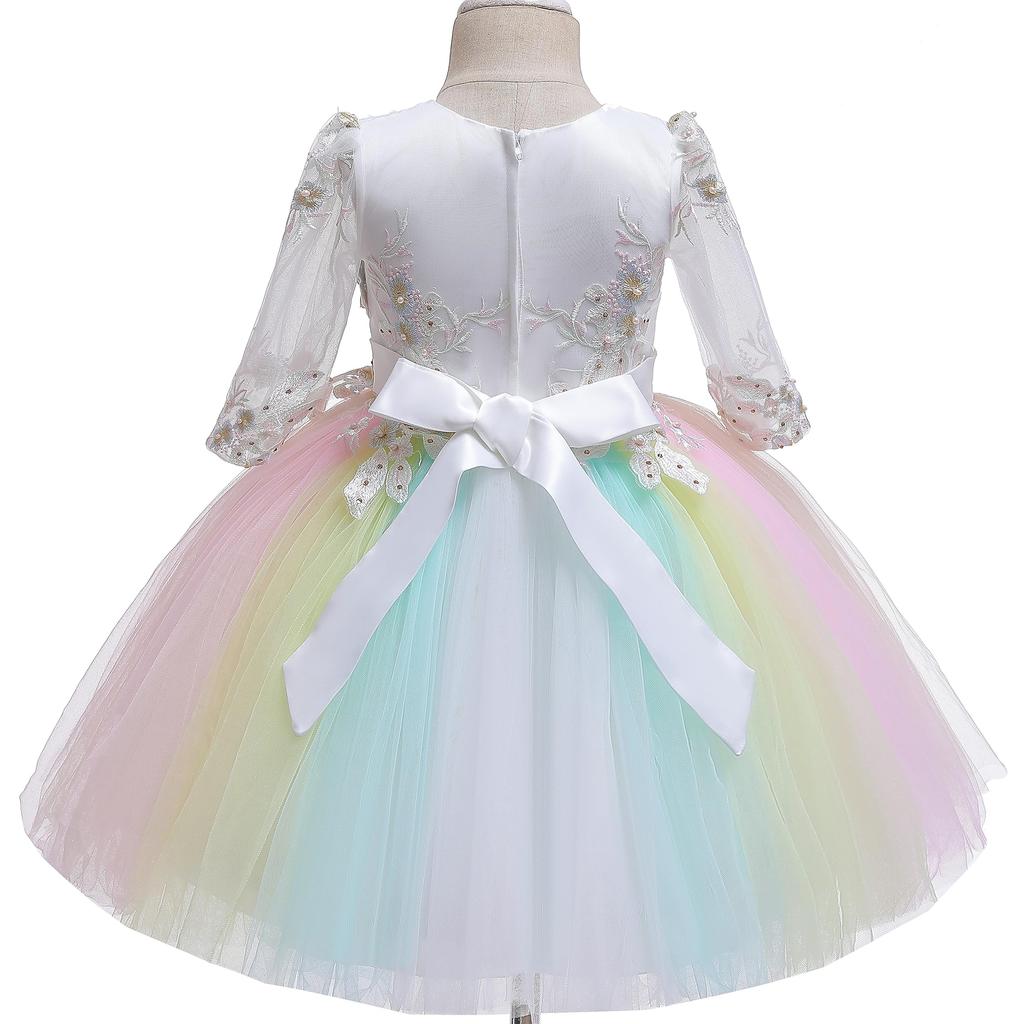 Weileenice Rainbow Size Dress with Embroidered Floral Tulle Rainbow Formal Wear for and Parties Children's Dress, 140, White, Girls' Sleeves, Lace,