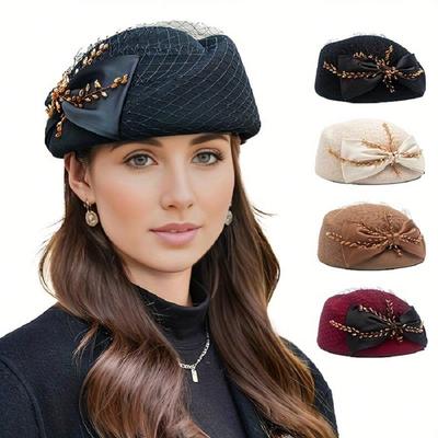 Chapéu de malha temperamento feminino, chapéu de feltro de lã, chapéu retrô britânico, chapéu de boina com laço da moda