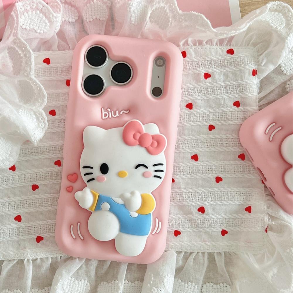 Pink Cute 3D KT Head Grip Tok Holder Phone Case For iPhone 17 Pro Max 16 Pro 15 Pro 14 Plus 13 12 17 Pro Shockproof Phone Cover